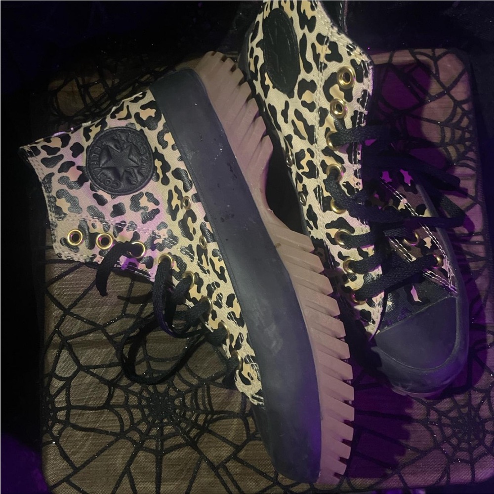 SOLD Converse Platform Black and Tan Leopard High-Tops - Picture 2 of 4